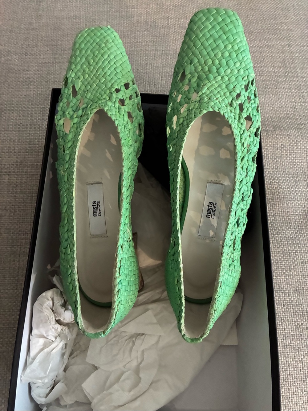 Miista London Mint Green Woven Leather Pumps